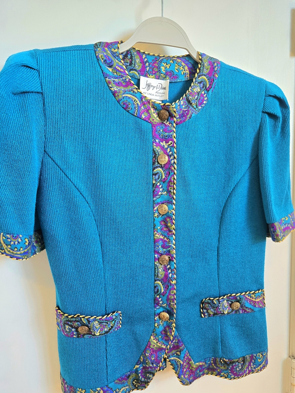 Vintage Linda Hutley Teal Short-Sleeve Paisley-Trim Knit Blazer